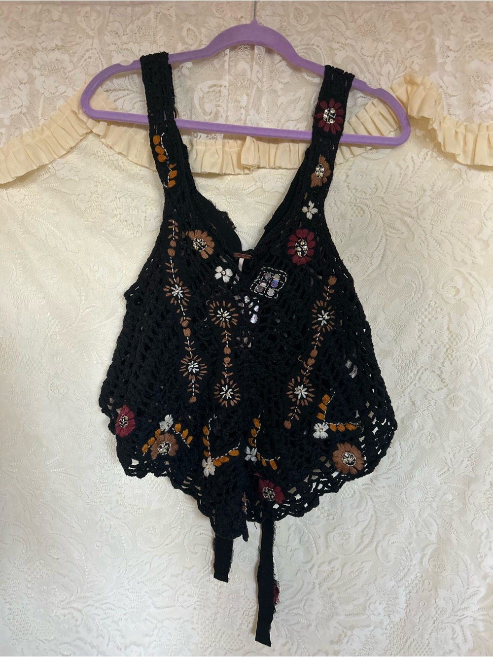 Free people last romance Boho Crochet Top - Black with Floral Embroidery XS